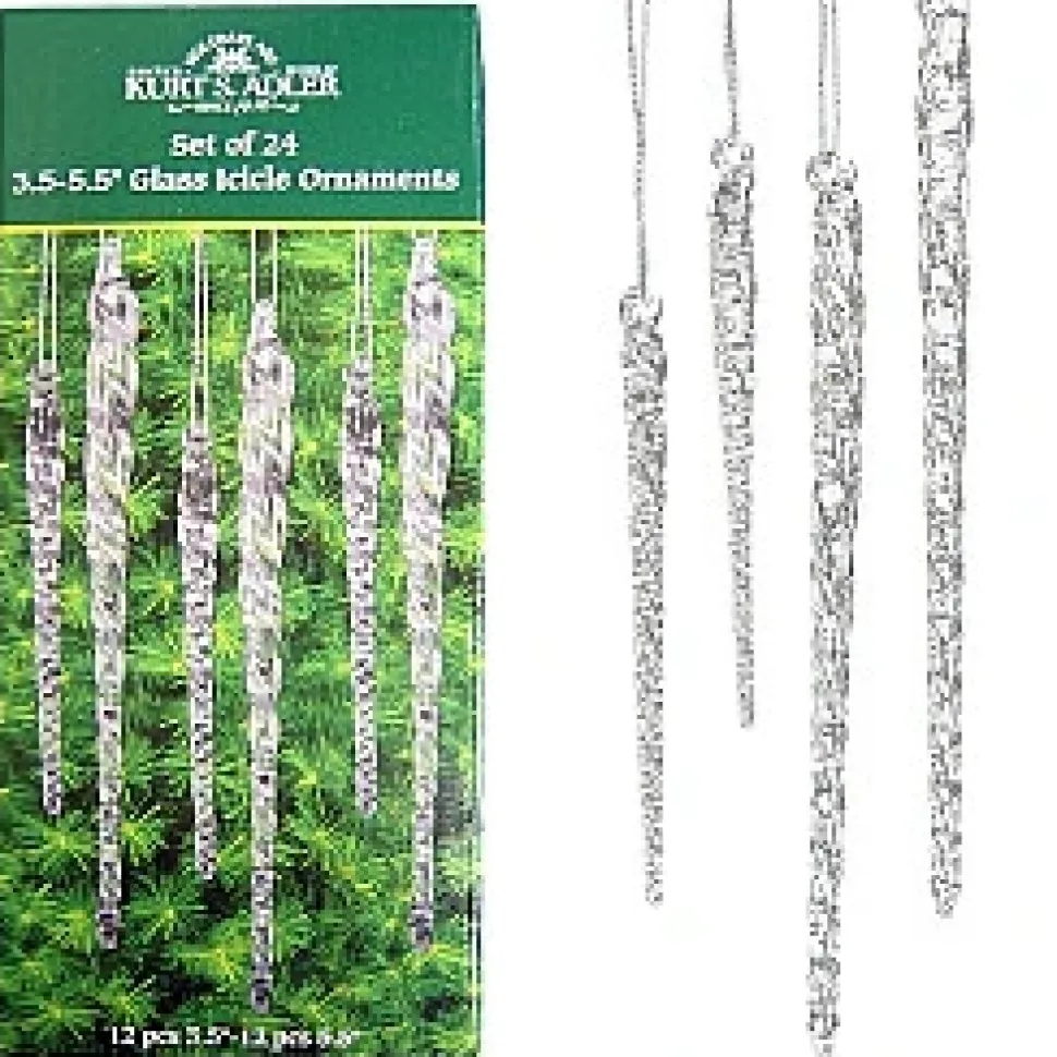 Glass Icicle Ornaments Clear Twist Set Of 24, W3730