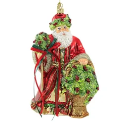 Huras, Floral Santa Glass Ornament Poinsettia Basket, S551