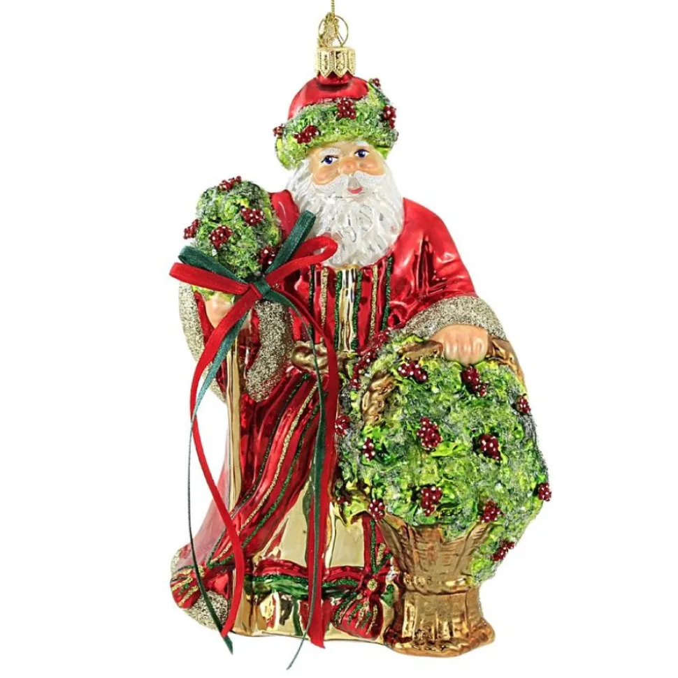Huras, Floral Santa Glass Ornament Poinsettia Basket, S551