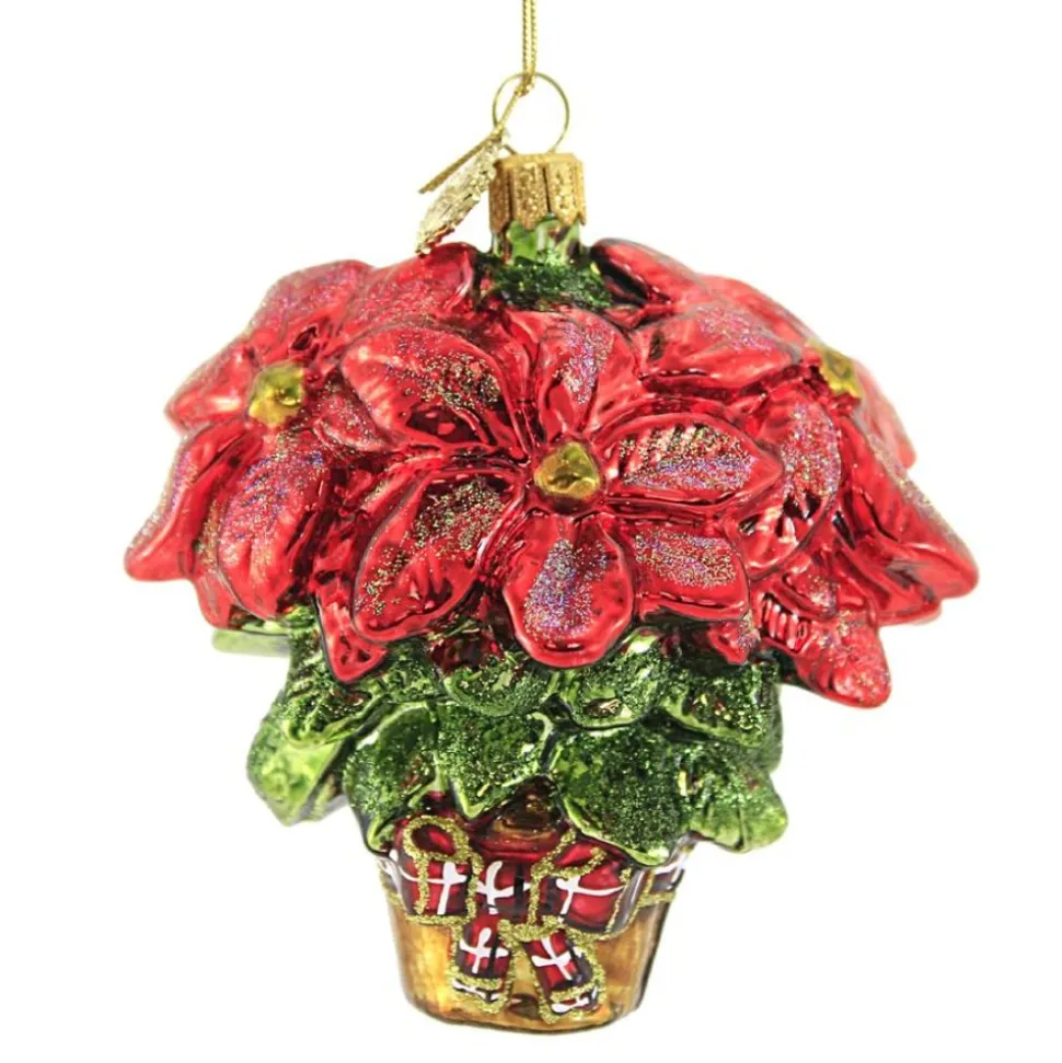 Huras, Poinsettia With Plain Bow Glass Ornament Floral Flower, S462